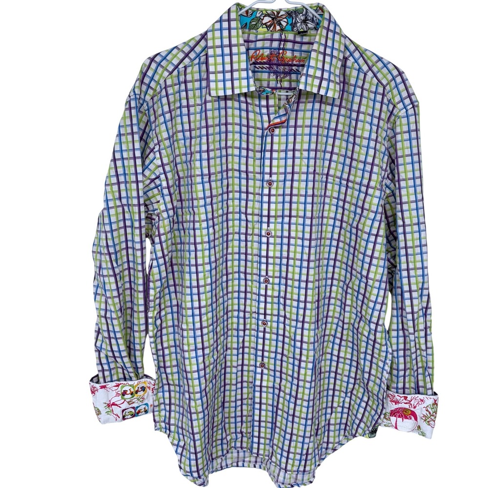 Robert Graham Button Up Shirt Men's‎ Large Flip Cuff Plaid Colorful Purple Green